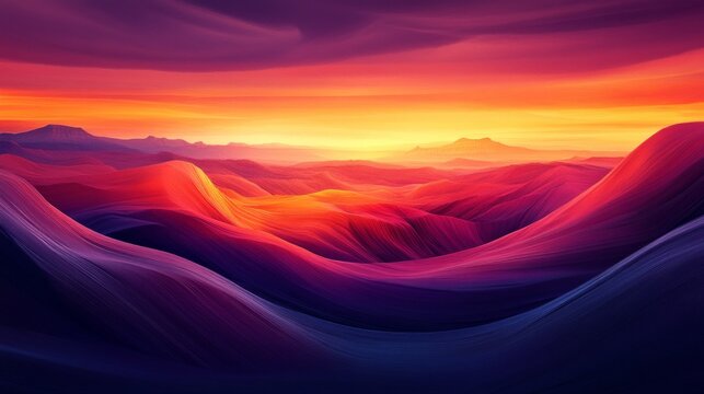 Abstract background with a landscape of mountains and sunset, made in the style of digital art. Used in design, for creating covers and backgrounds in projects related to nature and travel. - Powered by Adobe