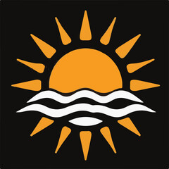 A bright vector icon featuring an orange sun with rays above white waves, set against a dark background, symbolizing summer, beach, or tropical themes.