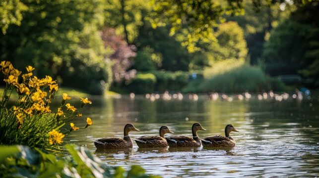 In a peaceful park a gaggle of ducks floats together in formation across a calm pond surrounded by trees and flowers