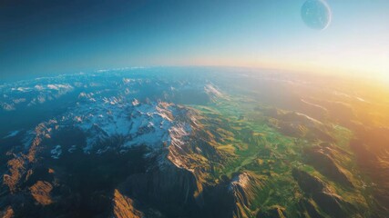 Majestic sunrise over mountain tops with frosted peaks and golden light shining through. - Powered by Adobe