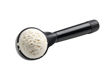 Close-up of a scoop of vanilla ice cream in a black scoop