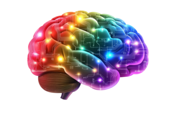 Artificial intelligence symbol, human brain icon with vibrant circuit pattern