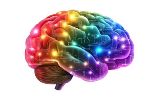 Artificial intelligence symbol, human brain icon with vibrant circuit pattern
