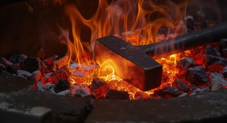 Red hot hammer glowing intensely in a traditional blacksmith forge with burning coals and fiery flames