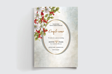 WEDDING INVITATION FRAME WITH FLOWER DECORATIONS AND FRESH LEAVES
