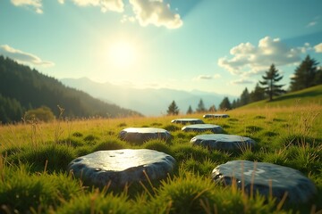 Surreal cinematic photo of gray and black marbled flat stepping stones scattered on lush meadow