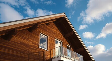 Modern wooden house exterior with balcony and windows against a blue sky