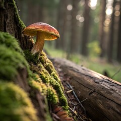 A bolete mushroom growing on a mossy tree in the forest