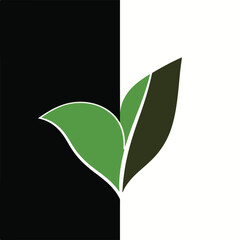 A striking vector image featuring two green leaves with a subtle white outline, positioned against a high-contrast background split vertically between black and white.