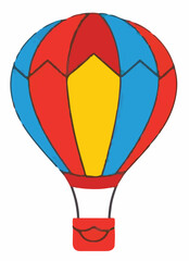 A vibrant vector illustration of a hot air balloon in bold red, blue, and yellow, with a small basket, evoking a sense of adventure and aerial travel.