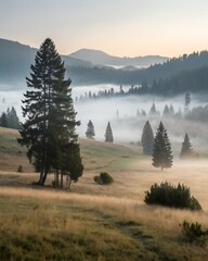 Foggy landscape with mountains and trees in the early morning light