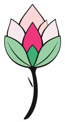A vibrant vector illustration of a flower bud with delicate pink and fuchsia petals, cradled by fresh green leaves on a dark stem, symbolizing emerging beauty and growth.