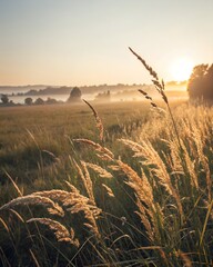 Golden sunlight illuminates the tall grass in a tranquil field at sunrise