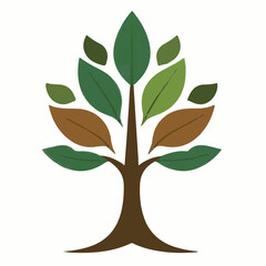 A minimalist vector illustration of a tree with a brown trunk and various shades of green and brown leaves, symbolizing nature and growth.