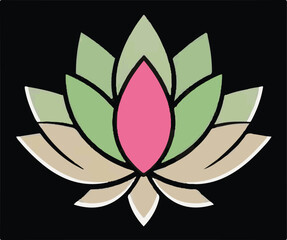 A serene vector illustration of a lotus flower with a prominent pink center petal, surrounded by lighter green and beige petals, set against a dark background.