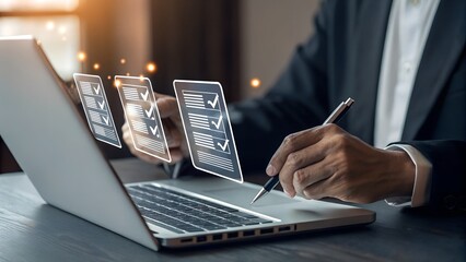 Invoice for payment, digital invoice document, e-invoice and Digital billing concept, man using laptop to manage electronic statements. E-tax, Online invoice processing and tax accounting solutions.