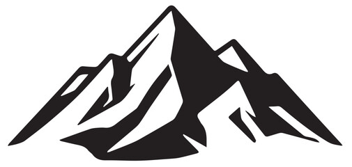 
A stylized black and white vector illustration of a rugged mountain range with sharp peaks and shadowed facets.