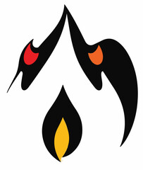 A striking vector illustration featuring abstract black shapes with red, orange, and yellow accents, suggesting a stylized bird or flame motif.