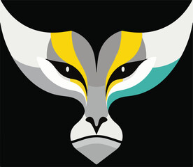
A complex vector image of a stylized wolf or fox face in shades of gray, white, yellow, and teal, with striking black eyes, set against a black background.
