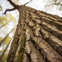 Looking up at a tall tree trunk with rough bark and green moss