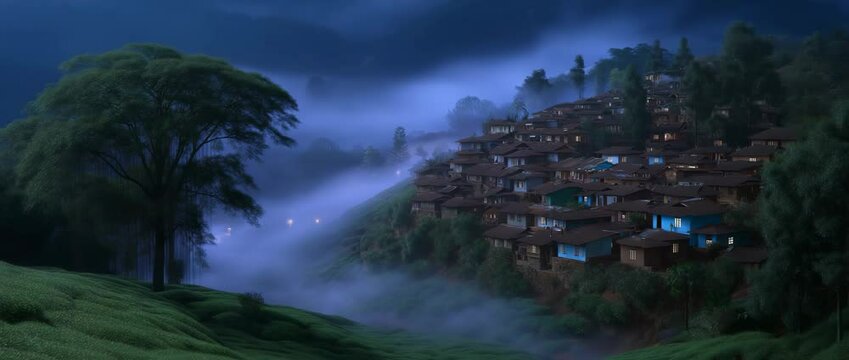 Mystical Village Amidst Verdant Hills: A village nestles amidst misty verdant hills, its lights twinkling, creating a magical atmosphere, as if pulled from a fairytale.