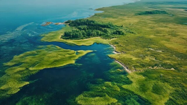 Aerial view of a remote swampy island in an expansive blue body of water, showing river delta and wetland ecosystem with plant life and potential wildlife habitats.