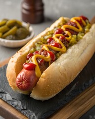 Hotdog with mustard ketchup and relish on a wooden board in studio lighting