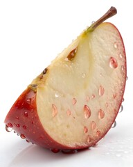 Slice of red apple with water droplets isolated on white background