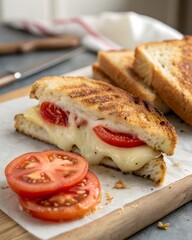 Grilled cheese sandwich with sliced tomatoes on a wooden board for a tasty lunch