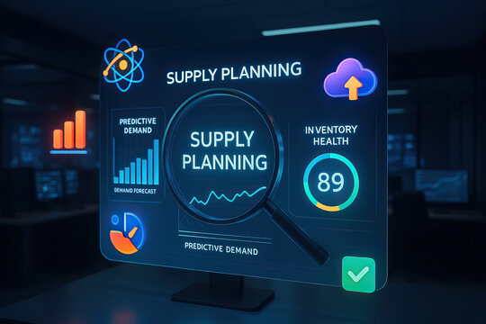 Supply planning dashboard with predictive demand analytics, inventory health metrics, and demand forecast visualizations, interface enhances decision making in supply chain management
