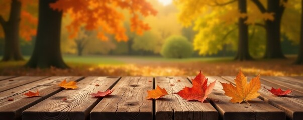 Rustic wooden table, autumn leaves tablecloth, park backdrop, image, design