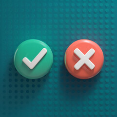 3D check mark and cross icons on colorful buttons, representing correct and incorrect, approval and...