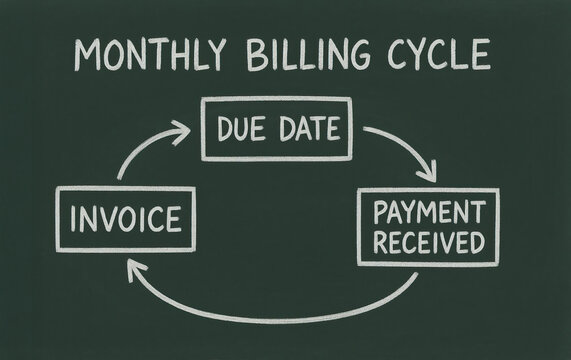 Monthly billing cycle due date invoice payment received financial process payment schedule accounting business management cash flow transaction flow