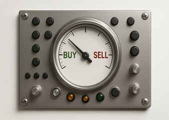 Vintage style control panel featuring gauge with BUY green and SELL red. panel includes various buttons and lights, suggesting financial or trading theme. design evokes sense of decision making
