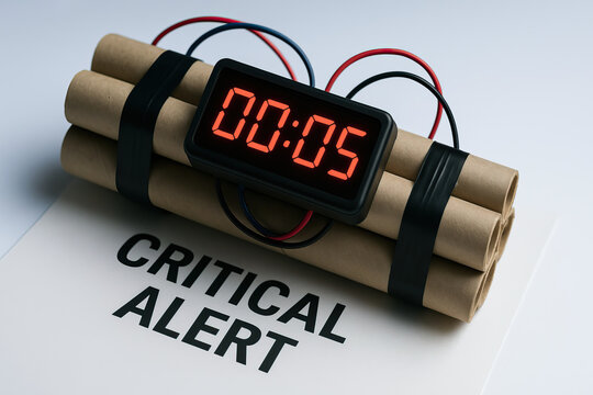 Timer counts down on device resembling explosives, placed on document marked with CRITICAL ALERT. scene conveys urgency and tension, emphasizing importance of immediate action
