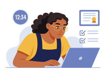 Focused Student Taking Online Exam with Countdown Timer and Certificate Icon – Flat Vector Illustration