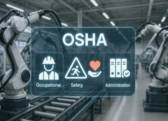 Occupational safety and health administration sign displayed modern industrial setting, emphasizing workplace safety and regulations. Robotic arms are visible background, showcasing automation