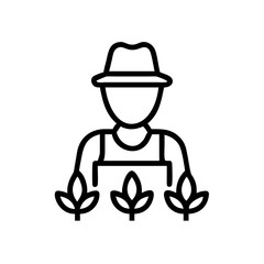 Fototapeta premium Farmer with crops illustration. Farming icon depicts person in overalls and hat tending plants. Simple farmer image suitable for agriculture websites and publications.