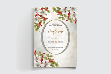 WEDDING INVITATION FRAME WITH FLOWER DECORATIONS AND FRESH LEAVES