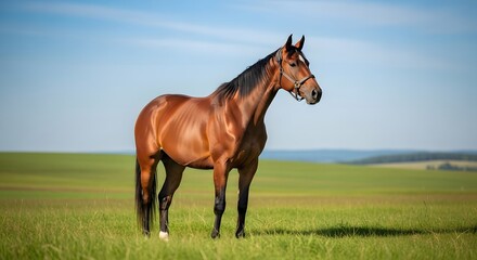 Majestic Chestnut Horse Standing Proudly in a Lush Green Meadow Under a Clear Blue Sky