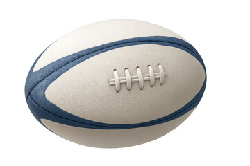 Rugby ball spinning, white and blue leather design, transparent backdrop, ideal for sports graphics
