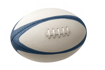 Rugby ball spinning, white and blue leather design, transparent backdrop, ideal for sports graphics