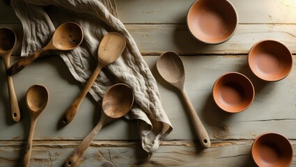 Rustic wooden spoons and terracotta bowls arranged on a weathered wooden surface with a linen cloth creating a natural still life composition
