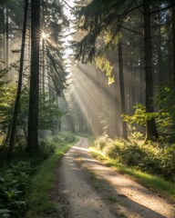 Fototapeta premium Sunlight streams through the trees along a forest path in the early morning