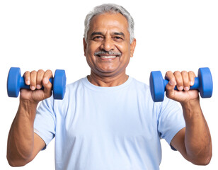  Cheerful Senior Man Exercising with Dumbbells, isolated on transparent background PNG