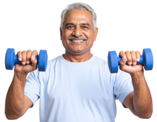 Cheerful Senior Man Exercising with Dumbbells, isolated on transparent background PNG