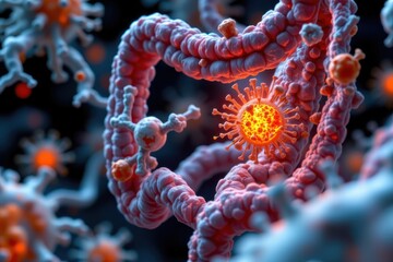 3d render of probiotic bacteria stimulating lymphoid tissue in gut, enhancing adaptive immune response with glowing cell clusters.