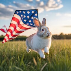 Bunny with American Flag in the Field