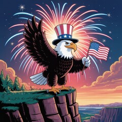 Bald Eagle Holding Flag on Cliff with Fireworks