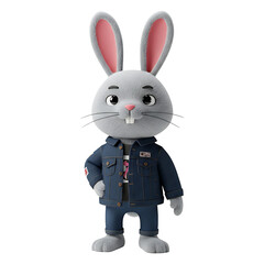 Cute Gray Rabbit Wearing Denim Jacket and Jeans on Transparent Background
